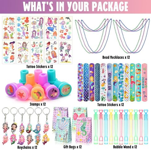 اكياس هدايا للحفلات بتصميم حورية البحر - 84 قطعة من لوازم حفلات اعياد الميلاد بتصميم حورية البحر وسلسلة المفاتيح والاختام وسوار وفقاعات تاتو للاطفال والبنات، زينة عيد ميلاد بنمط حورية البحر، حشو شنط in Kuwait