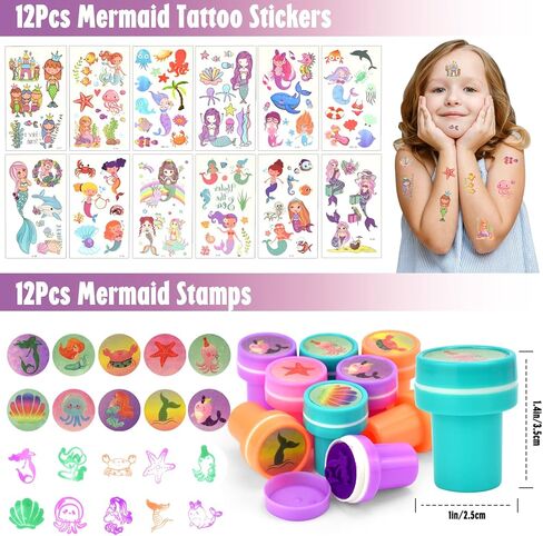 اكياس هدايا للحفلات بتصميم حورية البحر - 84 قطعة من لوازم حفلات اعياد الميلاد بتصميم حورية البحر وسلسلة المفاتيح والاختام وسوار وفقاعات تاتو للاطفال والبنات، زينة عيد ميلاد بنمط حورية البحر، حشو شنط in Kuwait