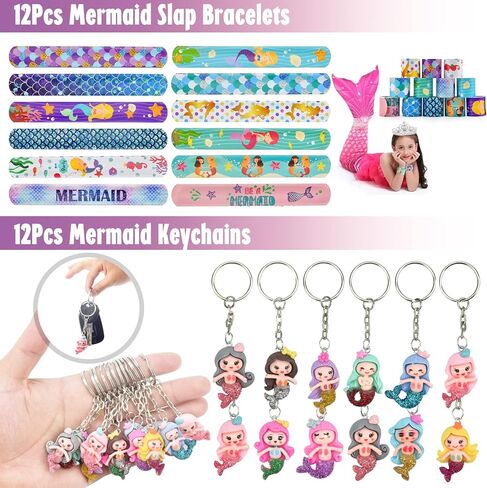 اكياس هدايا للحفلات بتصميم حورية البحر - 84 قطعة من لوازم حفلات اعياد الميلاد بتصميم حورية البحر وسلسلة المفاتيح والاختام وسوار وفقاعات تاتو للاطفال والبنات، زينة عيد ميلاد بنمط حورية البحر، حشو شنط in Kuwait