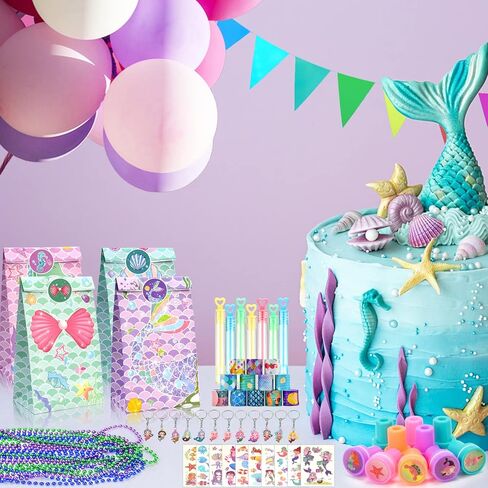 اكياس هدايا للحفلات بتصميم حورية البحر - 84 قطعة من لوازم حفلات اعياد الميلاد بتصميم حورية البحر وسلسلة المفاتيح والاختام وسوار وفقاعات تاتو للاطفال والبنات، زينة عيد ميلاد بنمط حورية البحر، حشو شنط in Kuwait
