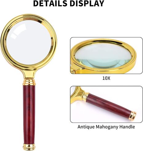 SAYEEC 10X Magnifying Glass, Handheld Reading Magnifier with Antique Mahogany Handle, 80mm + 60mm Magnify Glasses Lens, Magnifier Glass for Book Reading, Insect Observation, Classroom Science (2 Pcs) in Saudi Arabia