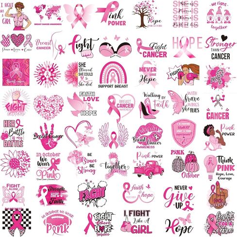 Seajan 54 Pcs Breast Cancer Awareness Heat Transfer Patches HTV Heat Transfer Iron on Decals Iron on Breast Cancer Stickers Iron on Transfers Heat Press Decals for Clothing T Shirt Backpack DIY Craft in Saudi Arabia