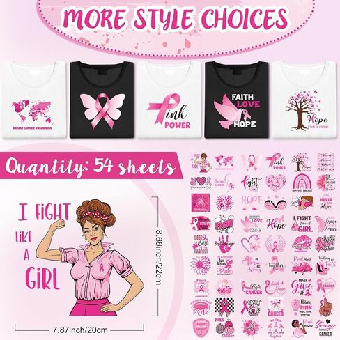 Seajan 54 Pcs Breast Cancer Awareness Heat Transfer Patches HTV Heat Transfer Iron on Decals Iron on Breast Cancer Stickers Iron on Transfers Heat Press Decals for Clothing T Shirt Backpack DIY Craft in Saudi Arabia