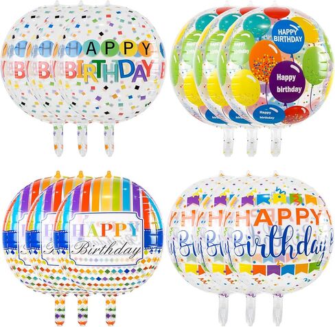 12 Pieces Large Happy Birthday Colorful 4D Balloons with 22 Inch Round Shaped Mylar Balloon for Birthday Party Baby Shower Rainbow Multicolor Clear Balloons Decor Supplies in Kuwait