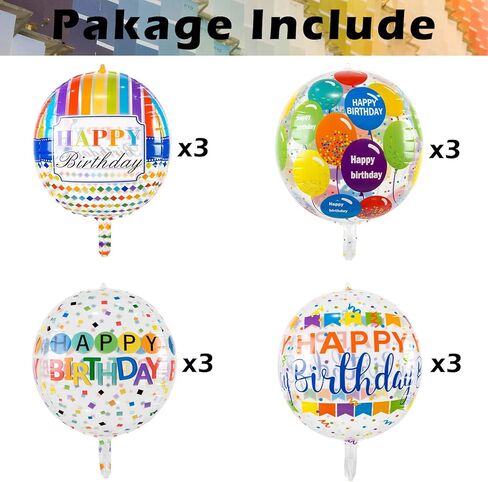 12 Pieces Large Happy Birthday Colorful 4D Balloons with 22 Inch Round Shaped Mylar Balloon for Birthday Party Baby Shower Rainbow Multicolor Clear Balloons Decor Supplies in Kuwait