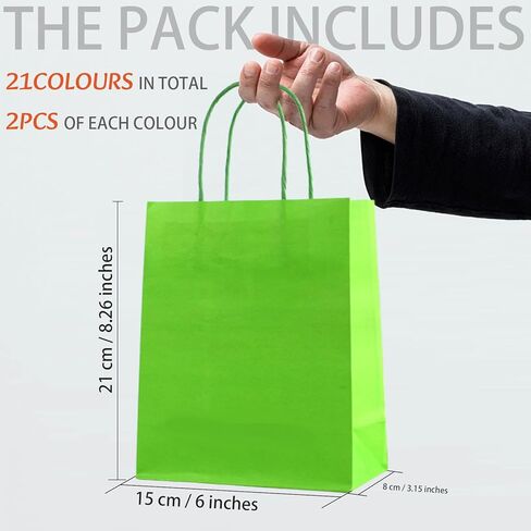 42 قطعة من أكياس الهدايا الورقية من COLOGO، أكياس ورق كرافت بمقابض لأعياد ميلاد الأطفال، والحرف اليدوية، وحفلات الزفاف، ومستلزمات الحفلات، مقاس 8.26 بوصة × 6 بوصة × 3.15 بوصة مع 21 لونًا in Kuwait