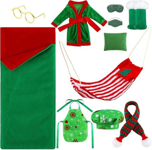 11 Pcs Christmas Elf Accessories Include Cheerleader Elf Doll Sleeping Bag Hammock Apron Chef Hat Dress Scarf Top Shorts Horn Pompoms Bag Snowmen Elf Clothes (Cheerleader Style) in Kuwait