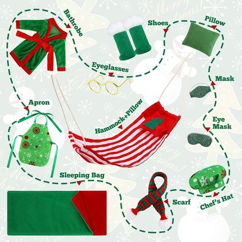 11 Pcs Christmas Elf Accessories Include Cheerleader Elf Doll Sleeping Bag Hammock Apron Chef Hat Dress Scarf Top Shorts Horn Pompoms Bag Snowmen Elf Clothes (Cheerleader Style) in Kuwait