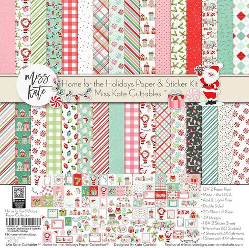 Paper & Sticker Kit - Home for the Holidays - for Christmas Santa - 20 Double-Sided 12x12 Papers with 39 Designs & 1 8X12 Sticker Sheet - Scrapbooking Card Making Crafting - by Miss Kate Cuttables in Saudi Arabia