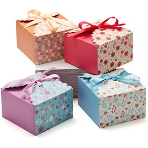 Small Floral Gift Boxes with Lids & Ribbons (20 Pack) 5.8" x 3.7" Empty Decorative Treat Boxes for Gift Giving, Square Cookie Tins, Mithai Indian Sweets, Mothers Day, Easter, Candy, Bulk, Spring, Cute