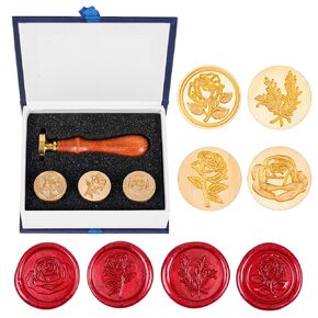 LSYGXYZ Wax Seal Stamp Set, 4 Pieces Flower Plant Sealing Wax Stamp Brass Heads with 3 Rose Flower Styles 1 Olive Branch Style + 1 Wooden Handle for Wedding Invitation Greeting Card Envelope Gift in Kuwait