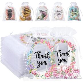 Hoolerry 200 Pcs Thank You Gift Bags Wedding Sheer Organza Bags Floral Small Thank You Bags Bulk Mesh Jewelry Candy Gift Bags with Drawstring for Baby Shower Party Favor Bags(Pink, 4 x 6 Inch)