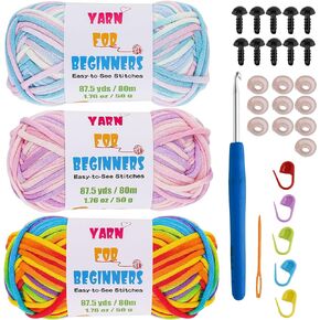 Crochet and Knitting Yarn for Beginners 3x1.76oz Rainbow Yarn for Crocheting with Easy-to-See Stitches Chunky Cotton-Nylon Blend Easy Yarn Kit for Beginner Crocheting Set Worsted-Weight Medium #4