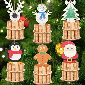 Abbylike 6 Pcs Christmas Unique Money Holder Handmade Money Cake Christmas Ornaments Wooden 2 Layer Cash Holders DIY Crafts with 12 Holes for Placing Money Table Stand Decoration Gift (Chic Style)
