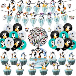 94Pcs Penguin Party Decorations, Penguin Birthday Party Decorations Include Birthday Banner, Cake Topper, Cupcake Toppers and Colorful Penguin Balloons and Stickers, Penguin Decorations for Party in Kuwait