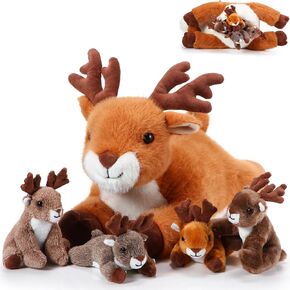 Poen Christmas Surprise Gifts Deer Stuffed Animal Set 16 Inch Mommy Deer Plush with 4 Cute Little Deers in Her Zippered Tummy Soft Cuddly Elk Plush for Boys Girls Birthday Gifts Woodland Party Decors