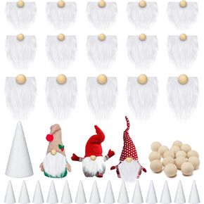 60 Pcs Gnomes Beard Sets Faux Fur Pre Cut Gnomes Beard Foam Cone Foam Handmade Wood Balls for Halloween Christmas Day Crafts(Grey, Brown, White)