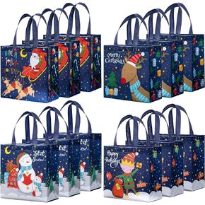 WRAPAHOLIC 12 Pack Christmas Reusable Gift Bag with Handles - Medium Size 10.5 x 5 x 10.5 inch - Christmas Pink and Green Design, Perfect for Christmas Gift Bags, Party Favor Bags