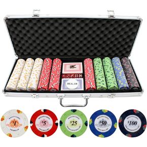 Poker Chips Set - 500pc Monaco Casino 13.5g Clay Poker Chips Set by Versa Games - Strong Aluminum Case, 2x Decks of Cards, 5x Dice