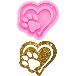 Shiny Glossy Heart and Paw Keychain Silicone Mold with Hole for DIY Fondant Mold Candy Necklace Epoxy Jewellery Silicone Mold Resin Crafting molds for Pendant Luggage Tag