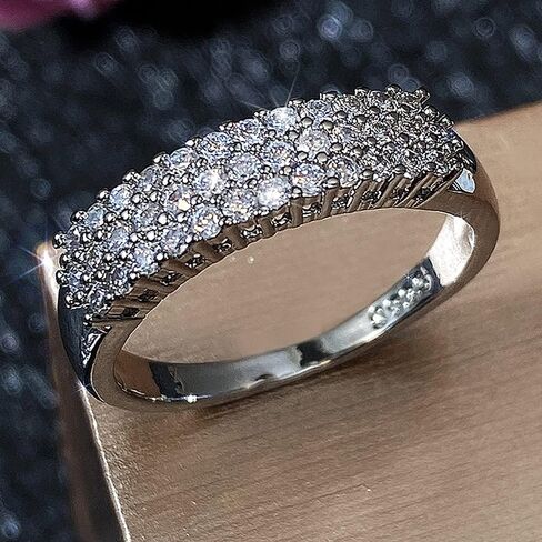 RKKOJJO 925 Sterling Silver Shiny Full Diamond Gemstone Ring Cubic Zirconia Rings CZ Diamond Multi Row Ring Eternity Engagement Wedding Band Ring For Women in Kuwait