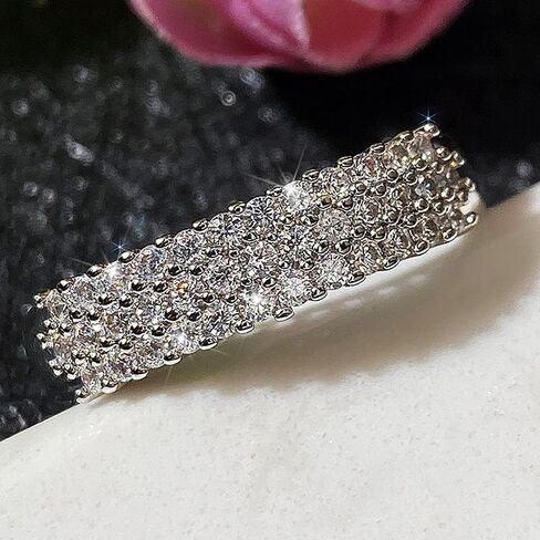 RKKOJJO 925 Sterling Silver Shiny Full Diamond Gemstone Ring Cubic Zirconia Rings CZ Diamond Multi Row Ring Eternity Engagement Wedding Band Ring For Women in Kuwait