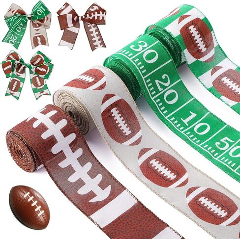 4 Rolls Football Wired Edge Ribbon 28 Yard x 2.5 Inch Sport Ball Wired Edge Ribbon Football Pattern Ribbon Fabric Burlap Natural Wrapping Ribbon for Present Wrapping DIY Craft in Saudi Arabia