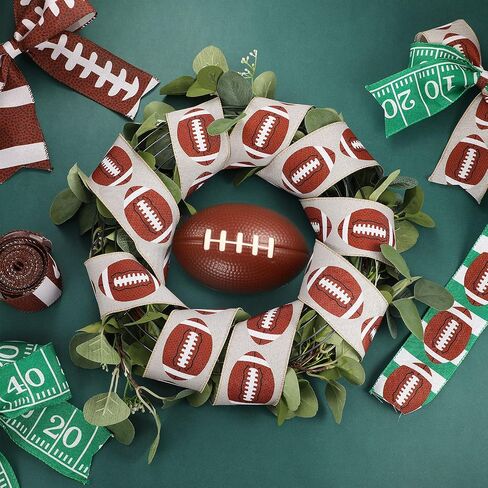 4 Rolls Football Wired Edge Ribbon 28 Yard x 2.5 Inch Sport Ball Wired Edge Ribbon Football Pattern Ribbon Fabric Burlap Natural Wrapping Ribbon for Present Wrapping DIY Craft in Saudi Arabia