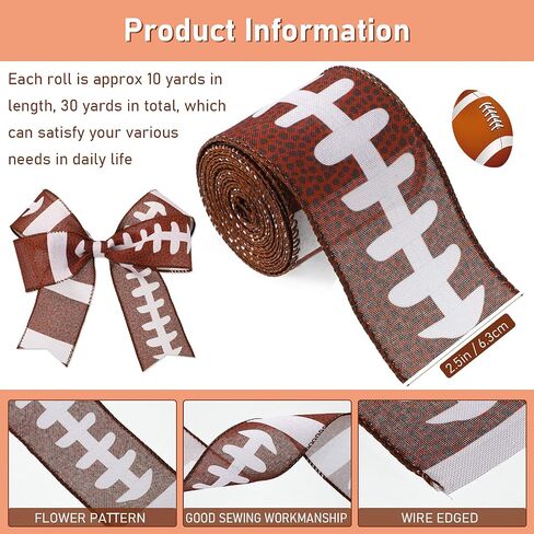 4 Rolls Football Wired Edge Ribbon 28 Yard x 2.5 Inch Sport Ball Wired Edge Ribbon Football Pattern Ribbon Fabric Burlap Natural Wrapping Ribbon for Present Wrapping DIY Craft in Saudi Arabia