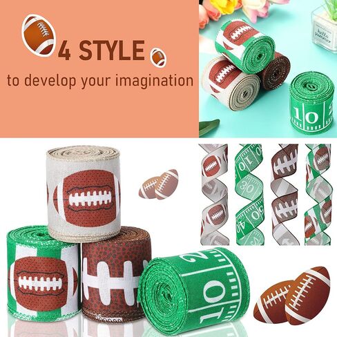 4 Rolls Football Wired Edge Ribbon 28 Yard x 2.5 Inch Sport Ball Wired Edge Ribbon Football Pattern Ribbon Fabric Burlap Natural Wrapping Ribbon for Present Wrapping DIY Craft in Saudi Arabia