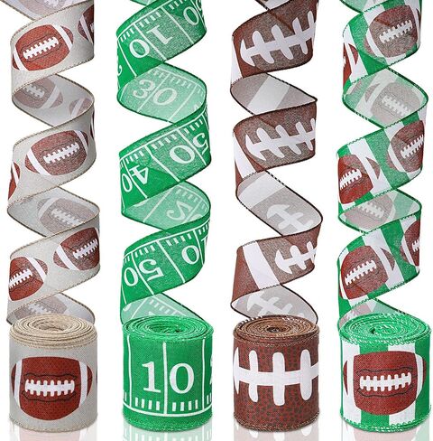 4 Rolls Football Wired Edge Ribbon 28 Yard x 2.5 Inch Sport Ball Wired Edge Ribbon Football Pattern Ribbon Fabric Burlap Natural Wrapping Ribbon for Present Wrapping DIY Craft in Saudi Arabia