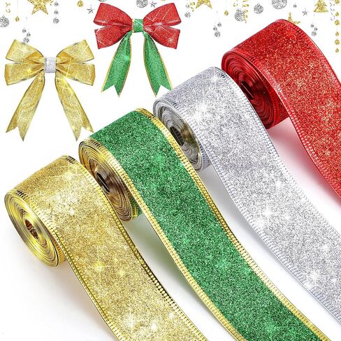 4 Rolls 24 Yard Glitter Wired Edge Ribbons 1.5 Inch Christmas Wrapping Ribbons Glitter Red Gold Silver Ribbon for Xmas DIY Crafts Wrapping Holiday Party Decoration in Saudi Arabia