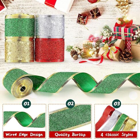 4 Rolls 24 Yard Glitter Wired Edge Ribbons 1.5 Inch Christmas Wrapping Ribbons Glitter Red Gold Silver Ribbon for Xmas DIY Crafts Wrapping Holiday Party Decoration in Saudi Arabia