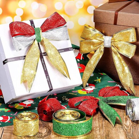4 Rolls 24 Yard Glitter Wired Edge Ribbons 1.5 Inch Christmas Wrapping Ribbons Glitter Red Gold Silver Ribbon for Xmas DIY Crafts Wrapping Holiday Party Decoration in Saudi Arabia