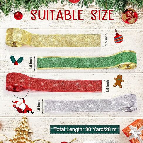 4 Rolls 24 Yard Glitter Wired Edge Ribbons 1.5 Inch Christmas Wrapping Ribbons Glitter Red Gold Silver Ribbon for Xmas DIY Crafts Wrapping Holiday Party Decoration in Saudi Arabia