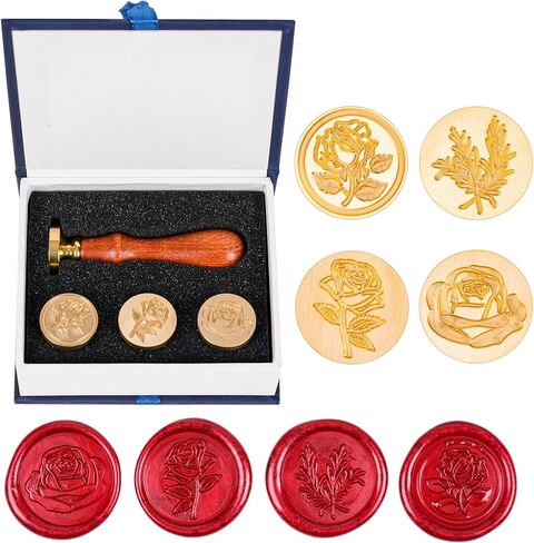 LSYGXYZ Wax Seal Stamp Set, 4 Pieces Flower Plant Sealing Wax Stamp Brass Heads with 3 Rose Flower Styles 1 Olive Branch Style + 1 Wooden Handle for Wedding Invitation Greeting Card Envelope Gift in Kuwait