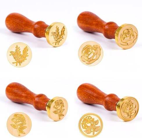 LSYGXYZ Wax Seal Stamp Set, 4 Pieces Flower Plant Sealing Wax Stamp Brass Heads with 3 Rose Flower Styles 1 Olive Branch Style + 1 Wooden Handle for Wedding Invitation Greeting Card Envelope Gift in Kuwait