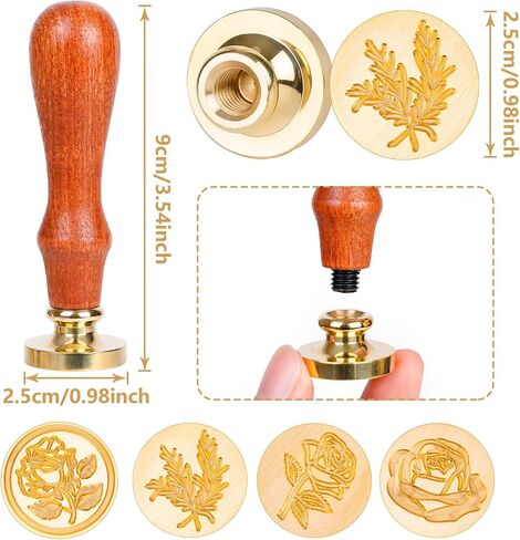 LSYGXYZ Wax Seal Stamp Set, 4 Pieces Flower Plant Sealing Wax Stamp Brass Heads with 3 Rose Flower Styles 1 Olive Branch Style + 1 Wooden Handle for Wedding Invitation Greeting Card Envelope Gift in Kuwait