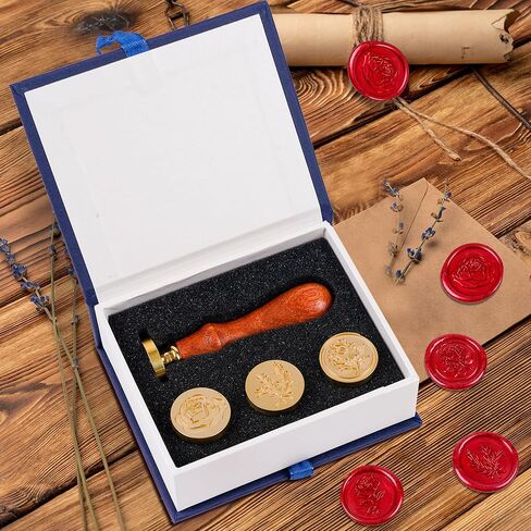LSYGXYZ Wax Seal Stamp Set, 4 Pieces Flower Plant Sealing Wax Stamp Brass Heads with 3 Rose Flower Styles 1 Olive Branch Style + 1 Wooden Handle for Wedding Invitation Greeting Card Envelope Gift in Kuwait