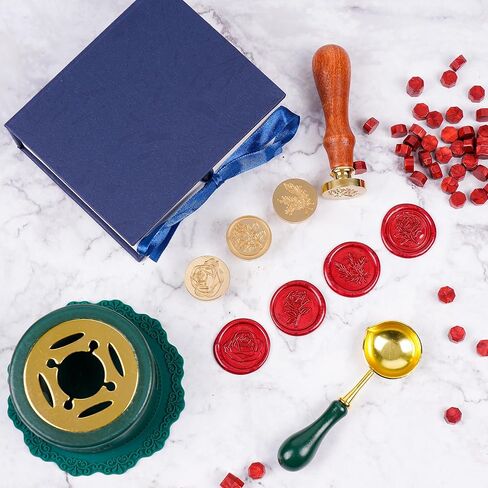 LSYGXYZ Wax Seal Stamp Set, 4 Pieces Flower Plant Sealing Wax Stamp Brass Heads with 3 Rose Flower Styles 1 Olive Branch Style + 1 Wooden Handle for Wedding Invitation Greeting Card Envelope Gift in Kuwait