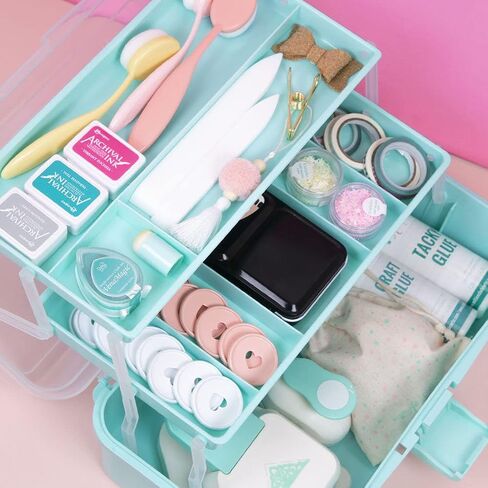 Craftelier - Storage and Organisation Case with 3 Trays, Latch and Handle for Scrapbooking and Other Craft Materials and Tools | Approx. Size 32 x 13.5 x 18.5 cm - Pink Colour in Saudi Arabia