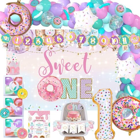 121 قطعة من ديكورات حفلات عيد الميلاد الجميلة، ديكورات الحفلات الأولى من Hombae Donut للفتيات بخلفية بالون إكليل شهري، صورة للكرسي العالي، لافتة علوية للكيك، ملصق مقطوع على شكل تاج باتيل ملون in Kuwait