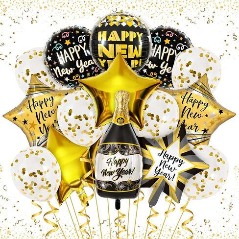 مجموعة بالونات Whaline Happy New Years من رقائق الفويل تتضمن 15 قطعة من بالونات الذهب الأسود، وقش وشريط شمبانيا بطول 32.8 متر، بالونات على شكل نجمة، لوازم حفلات رأس السنة الجديدة لديكور حفلات رأس السنة الجديدة in Saudi Arabia