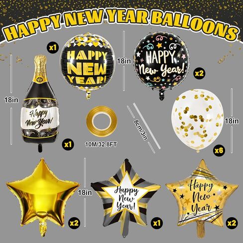 مجموعة بالونات Whaline Happy New Years من رقائق الفويل تتضمن 15 قطعة من بالونات الذهب الأسود، وقش وشريط شمبانيا بطول 32.8 متر، بالونات على شكل نجمة، لوازم حفلات رأس السنة الجديدة لديكور حفلات رأس السنة الجديدة in Saudi Arabia