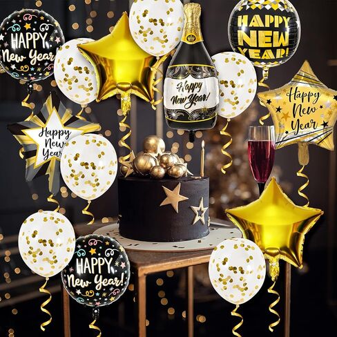 مجموعة بالونات Whaline Happy New Years من رقائق الفويل تتضمن 15 قطعة من بالونات الذهب الأسود، وقش وشريط شمبانيا بطول 32.8 متر، بالونات على شكل نجمة، لوازم حفلات رأس السنة الجديدة لديكور حفلات رأس السنة الجديدة in Saudi Arabia