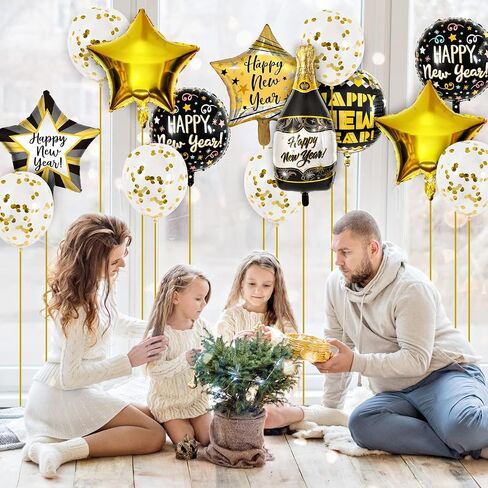 مجموعة بالونات Whaline Happy New Years من رقائق الفويل تتضمن 15 قطعة من بالونات الذهب الأسود، وقش وشريط شمبانيا بطول 32.8 متر، بالونات على شكل نجمة، لوازم حفلات رأس السنة الجديدة لديكور حفلات رأس السنة الجديدة in Saudi Arabia