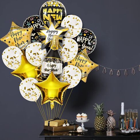 مجموعة بالونات Whaline Happy New Years من رقائق الفويل تتضمن 15 قطعة من بالونات الذهب الأسود، وقش وشريط شمبانيا بطول 32.8 متر، بالونات على شكل نجمة، لوازم حفلات رأس السنة الجديدة لديكور حفلات رأس السنة الجديدة in Saudi Arabia