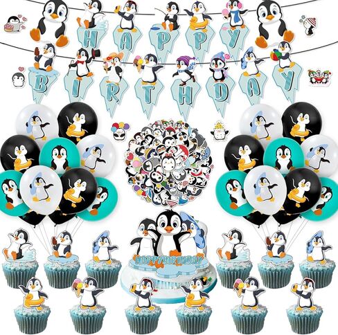 94Pcs Penguin Party Decorations, Penguin Birthday Party Decorations Include Birthday Banner, Cake Topper, Cupcake Toppers and Colorful Penguin Balloons and Stickers, Penguin Decorations for Party in Kuwait