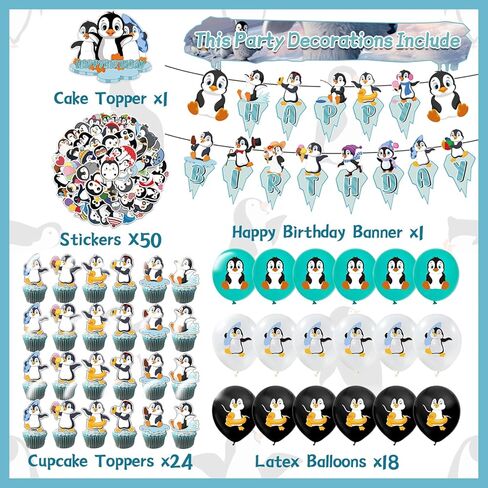 94Pcs Penguin Party Decorations, Penguin Birthday Party Decorations Include Birthday Banner, Cake Topper, Cupcake Toppers and Colorful Penguin Balloons and Stickers, Penguin Decorations for Party in Kuwait