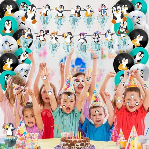 94Pcs Penguin Party Decorations, Penguin Birthday Party Decorations Include Birthday Banner, Cake Topper, Cupcake Toppers and Colorful Penguin Balloons and Stickers, Penguin Decorations for Party in Kuwait